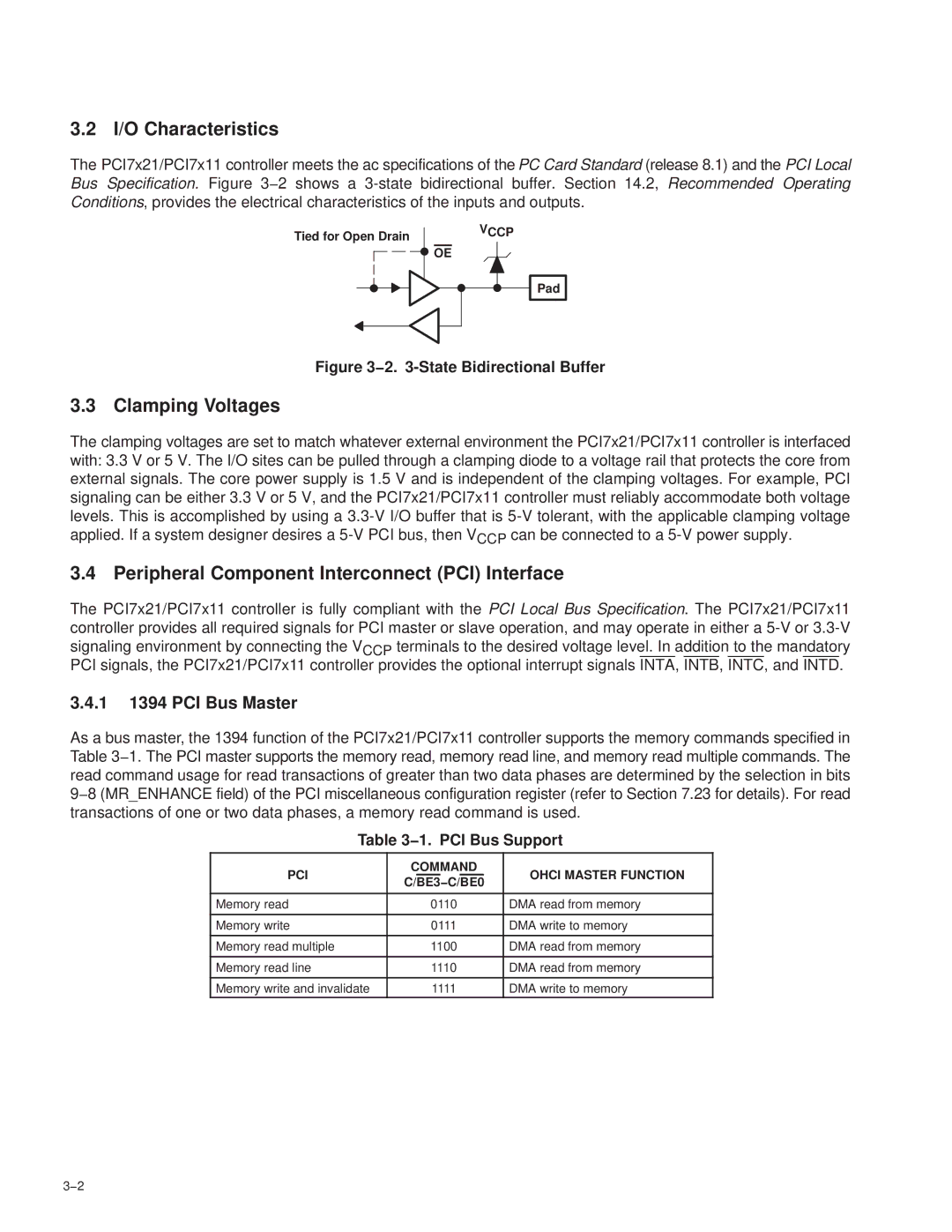 Texas Instruments PCI7621, PCI7411 I/O Characteristics, Clamping Voltages, Peripheral Component Interconnect PCI Interface 