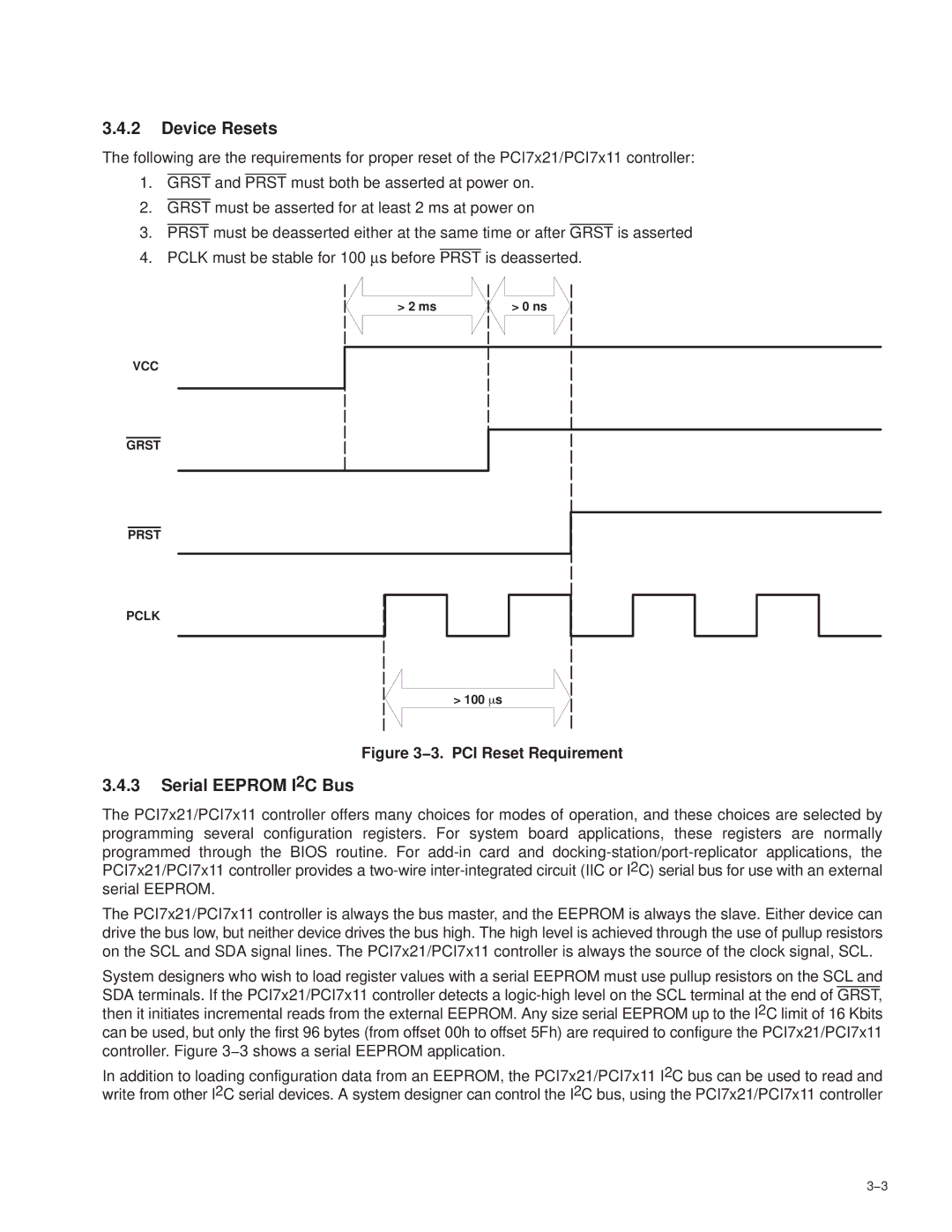 Texas Instruments PCI7421, PCI7411, PCI7611, PCI7621 manual Device Resets, Serial Eeprom I2C Bus, VCC Grst Prst Pclk 