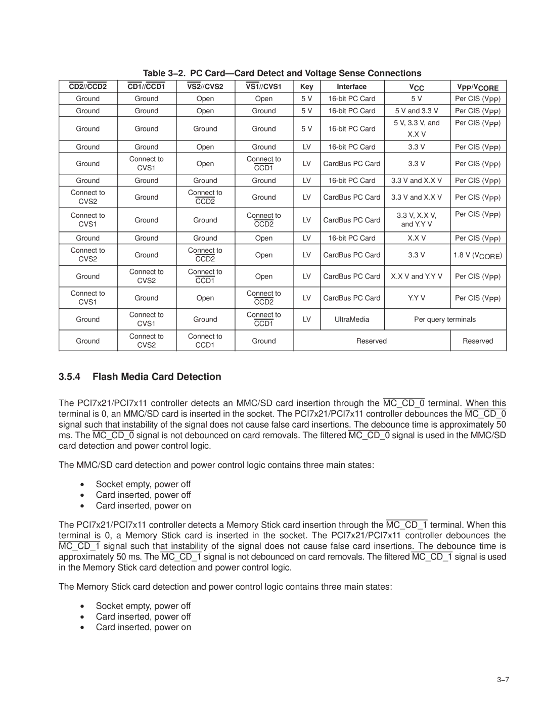 Texas Instruments PCI7421 Flash Media Card Detection, 2. PC Card-Card Detect and Voltage Sense Connections, Vcc Vpp/Vcore 