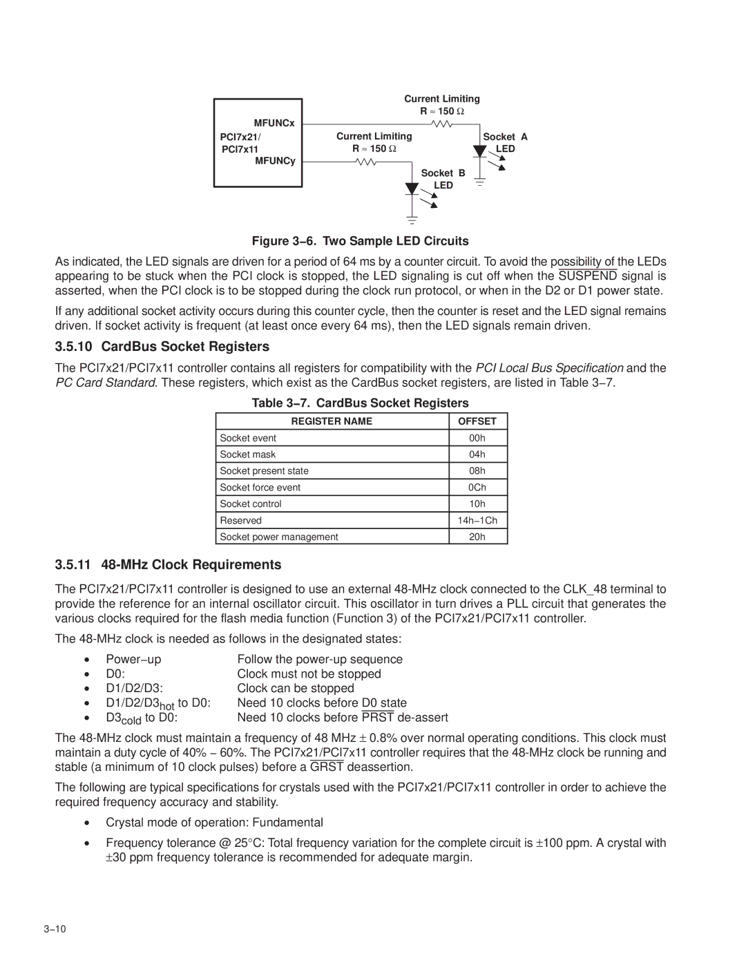 Texas Instruments PCI7621 manual 11 48-MHz Clock Requirements, 7. CardBus Socket Registers, Led, Register Name Offset 