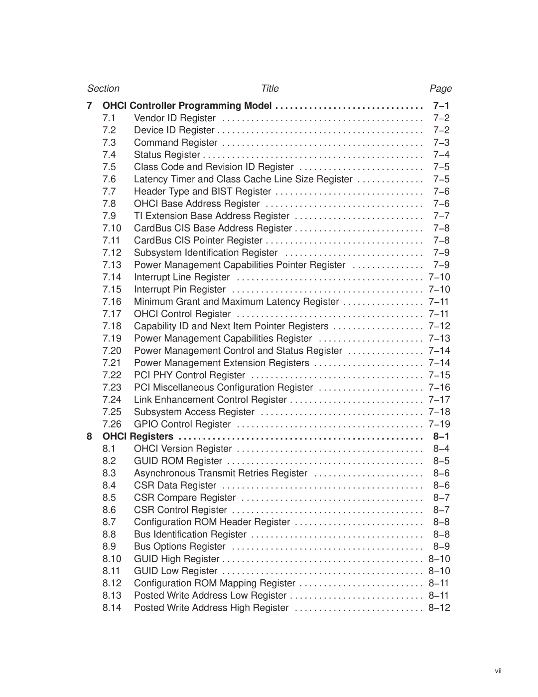 Texas Instruments PCI7421, PCI7411, PCI7611, PCI7621 manual Ohci Controller Programming Model −1, Ohci Registers −1, Vii 