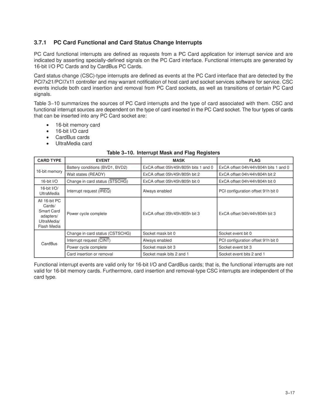 Texas Instruments PCI7611 PC Card Functional and Card Status Change Interrupts, 10. Interrupt Mask and Flag Registers 