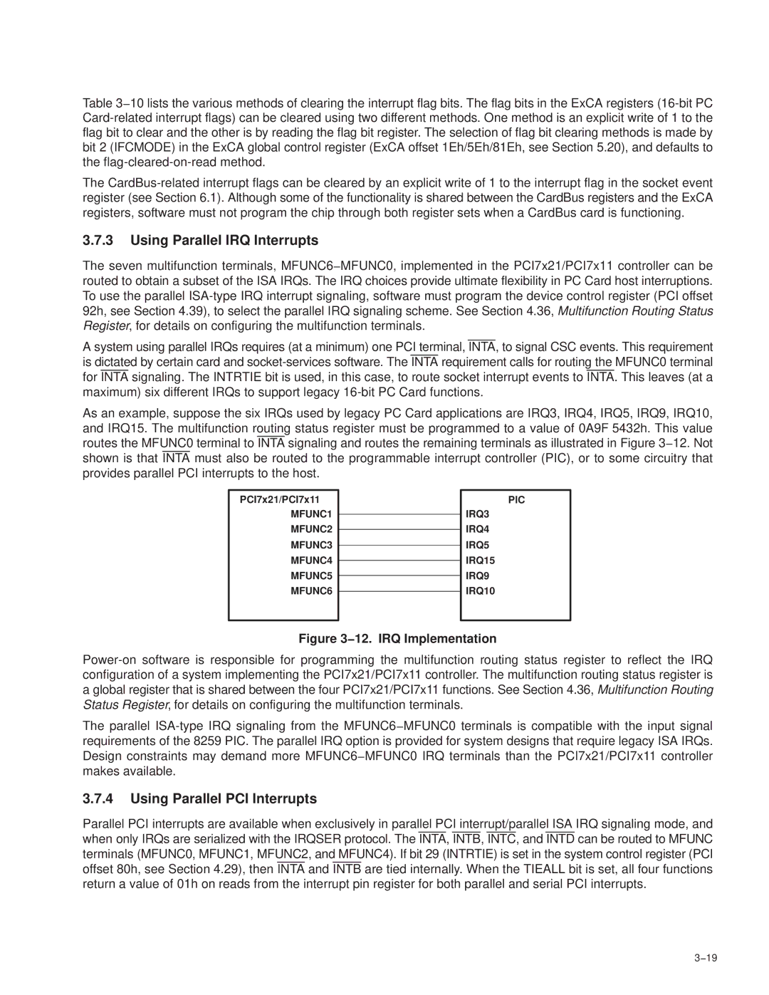 Texas Instruments PCI7421, PCI7411, PCI7611, PCI7621 manual Using Parallel IRQ Interrupts, Using Parallel PCI Interrupts 