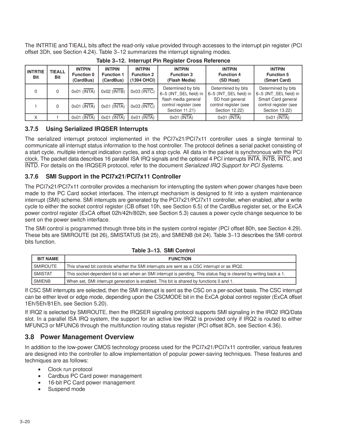 Texas Instruments PCI7411, PCI7611, PCI7621 Power Management Overview, Using Serialized Irqser Interrupts, 13. SMI Control 