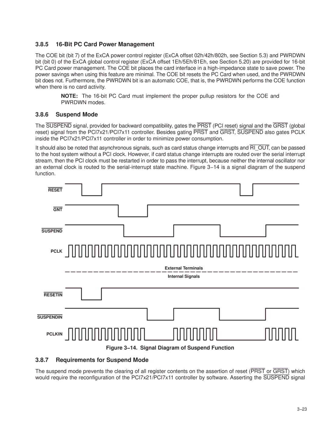 Texas Instruments PCI7421 5 16-Bit PC Card Power Management, Requirements for Suspend Mode, Reset GNT Suspend Pclk 