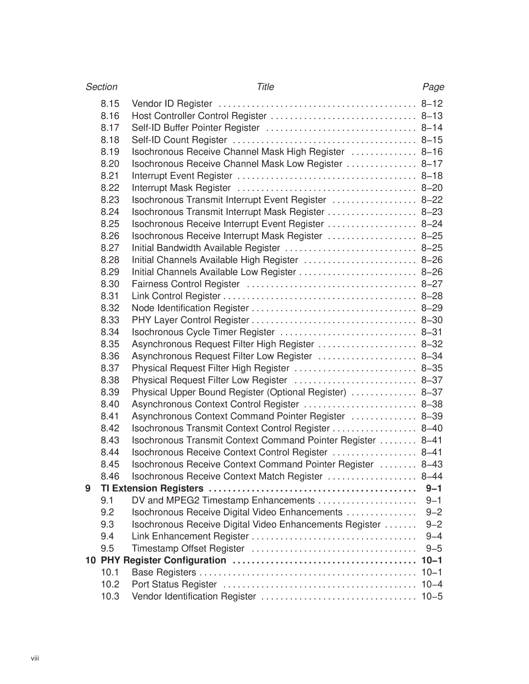 Texas Instruments PCI7411, PCI7611, PCI7621, PCI7421 manual TI Extension Registers −1, PHY Register Configuration 10−1, Viii 