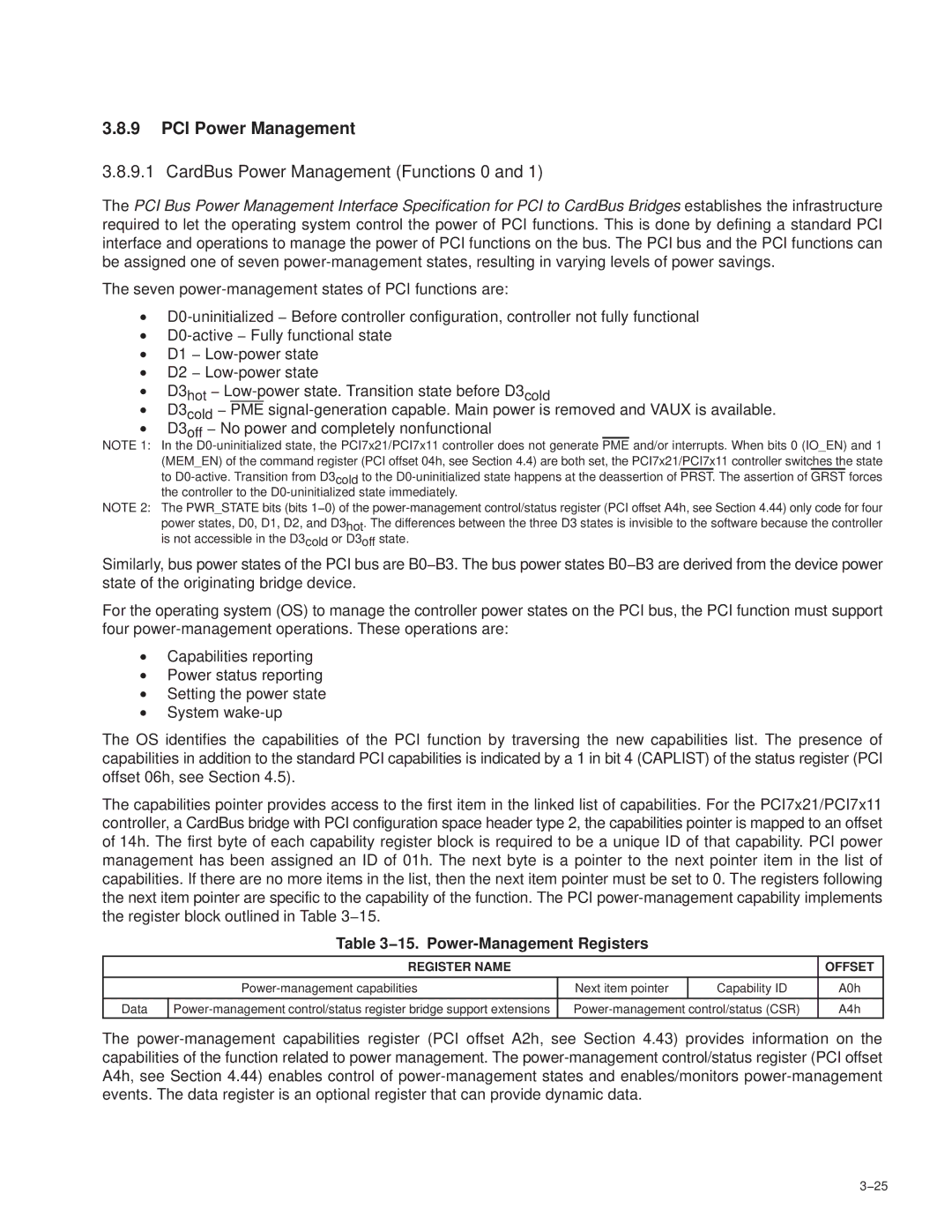 Texas Instruments PCI7611 manual PCI Power Management, 15. Power-Management Registers, Power-management control/status CSR 