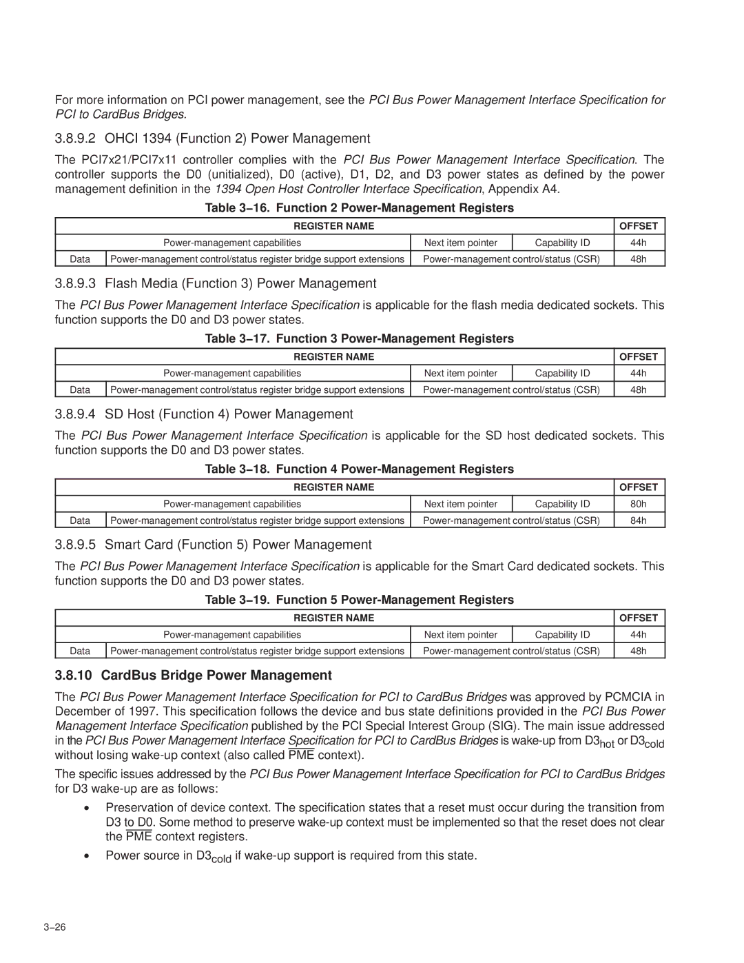 Texas Instruments PCI7621, PCI7411, PCI7611 manual CardBus Bridge Power Management, 16. Function 2 Power-Management Registers 