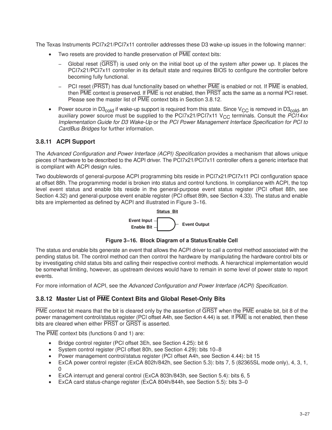 Texas Instruments PCI7421, PCI7411, PCI7611 manual Acpi Support, Master List of PME Context Bits and Global Reset-Only Bits 