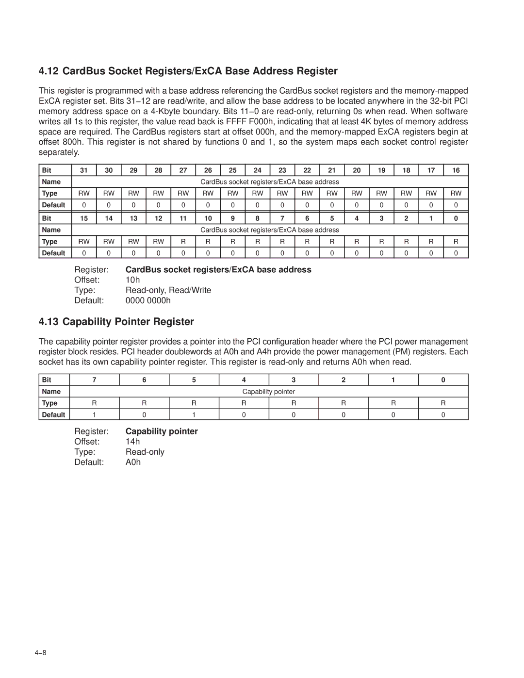 Texas Instruments PCI7621, PCI7411 manual CardBus Socket Registers/ExCA Base Address Register, Capability Pointer Register 