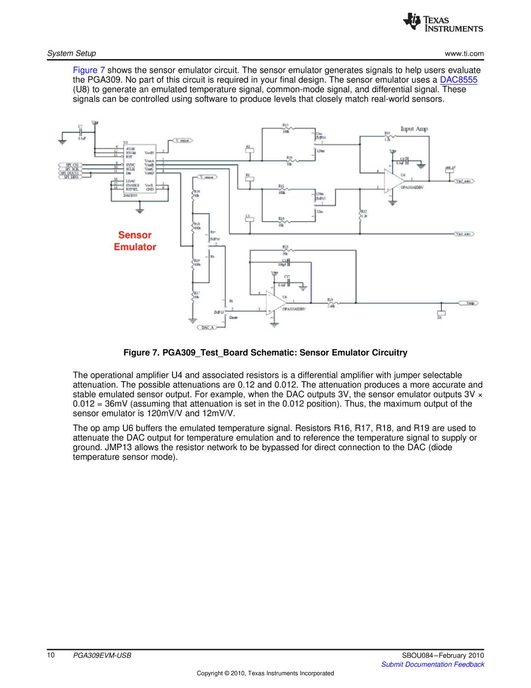 Texas Instruments PGA309EVM-USB manual PGA309TestBoard Schematic Sensor Emulator Circuitry 