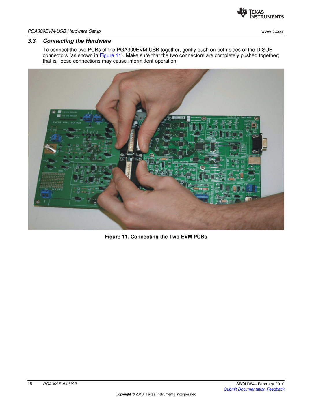 Texas Instruments PGA309EVM-USB manual Connecting the Hardware, Connecting the Two EVM PCBs 