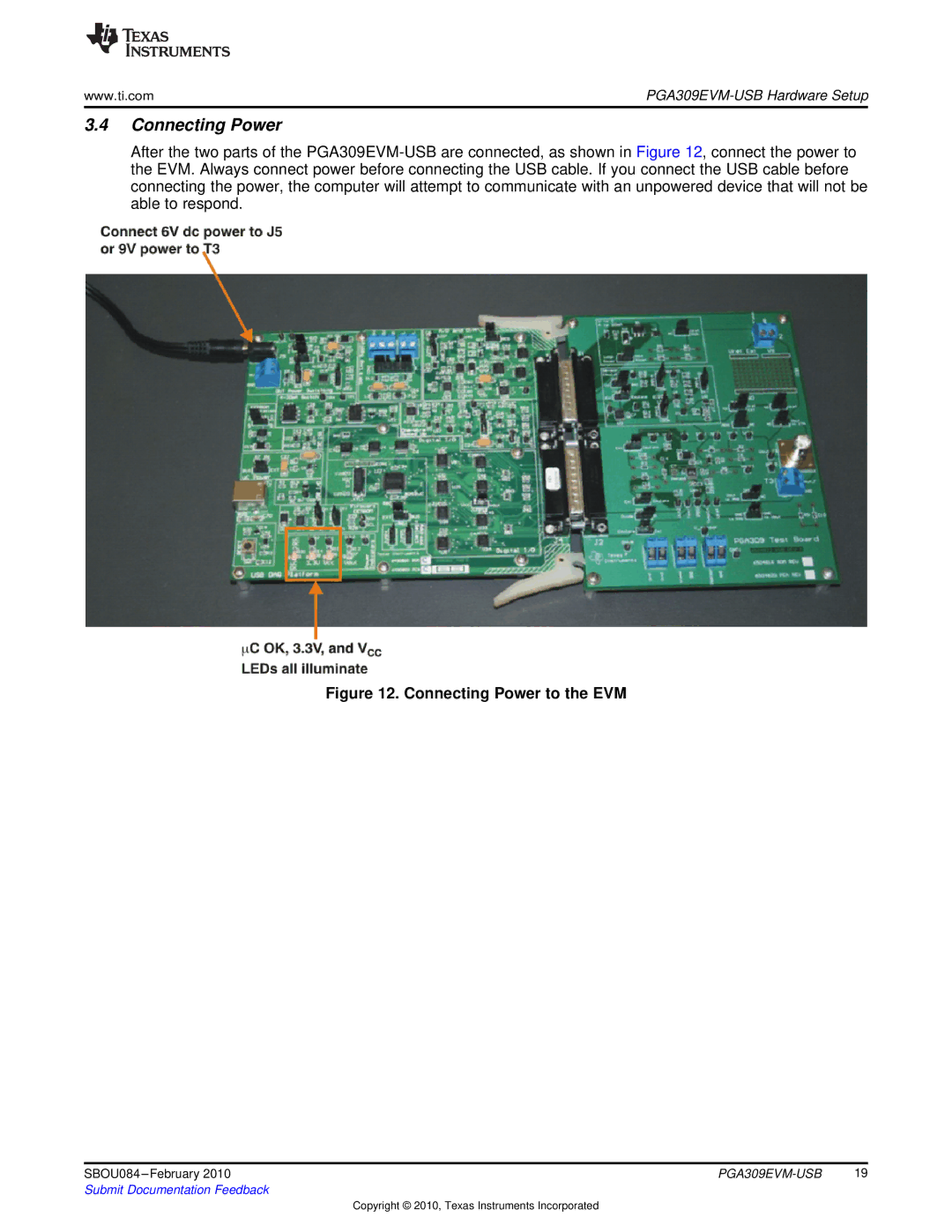 Texas Instruments PGA309EVM-USB manual Connecting Power to the EVM 