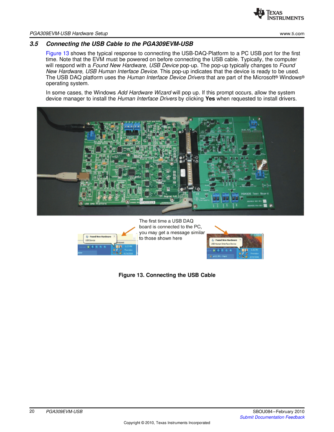 Texas Instruments manual Connecting the USB Cable to the PGA309EVM-USB 