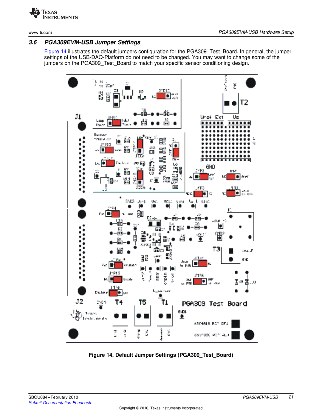 Texas Instruments manual PGA309EVM-USB Jumper Settings, Default Jumper Settings PGA309TestBoard 