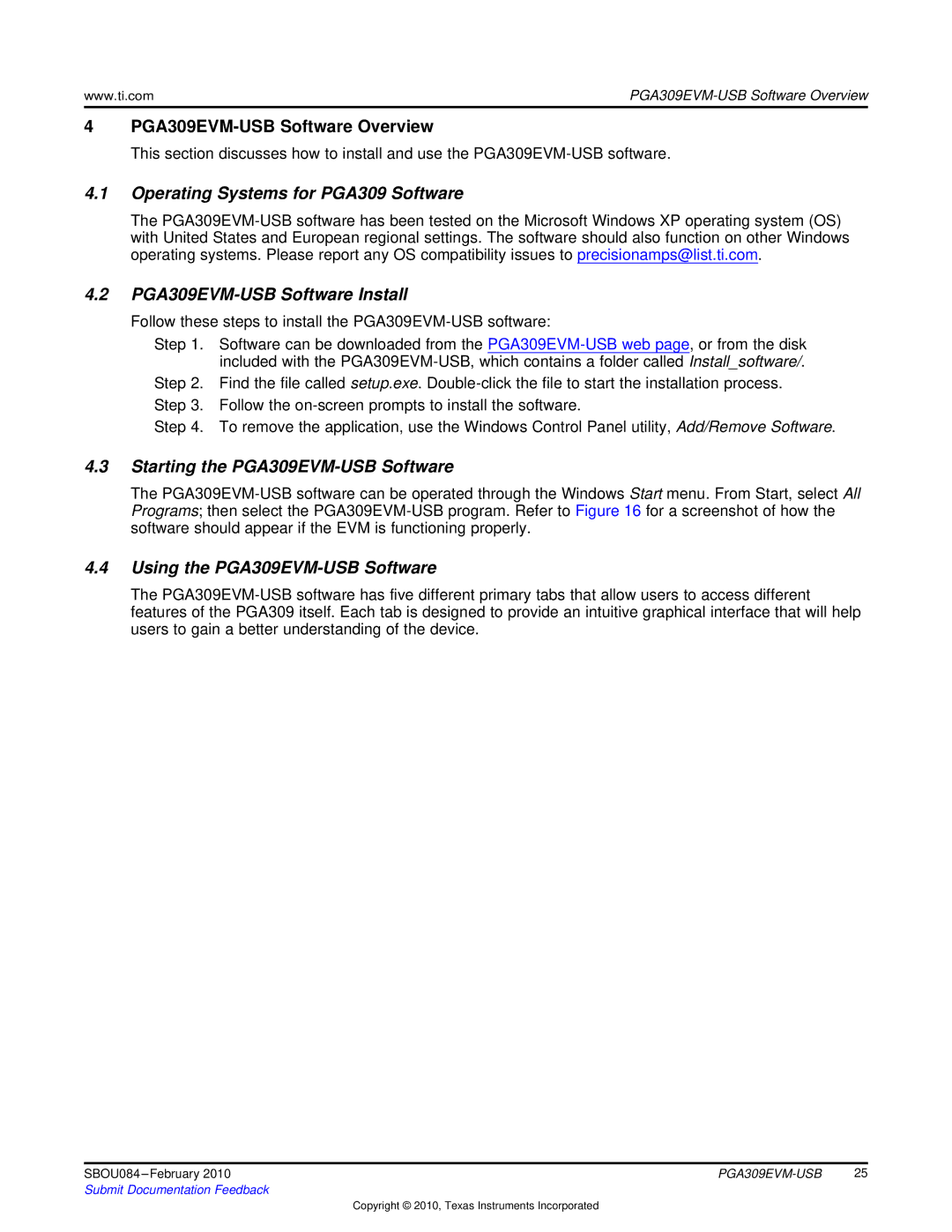 Texas Instruments manual Operating Systems for PGA309 Software, PGA309EVM-USB Software Install 