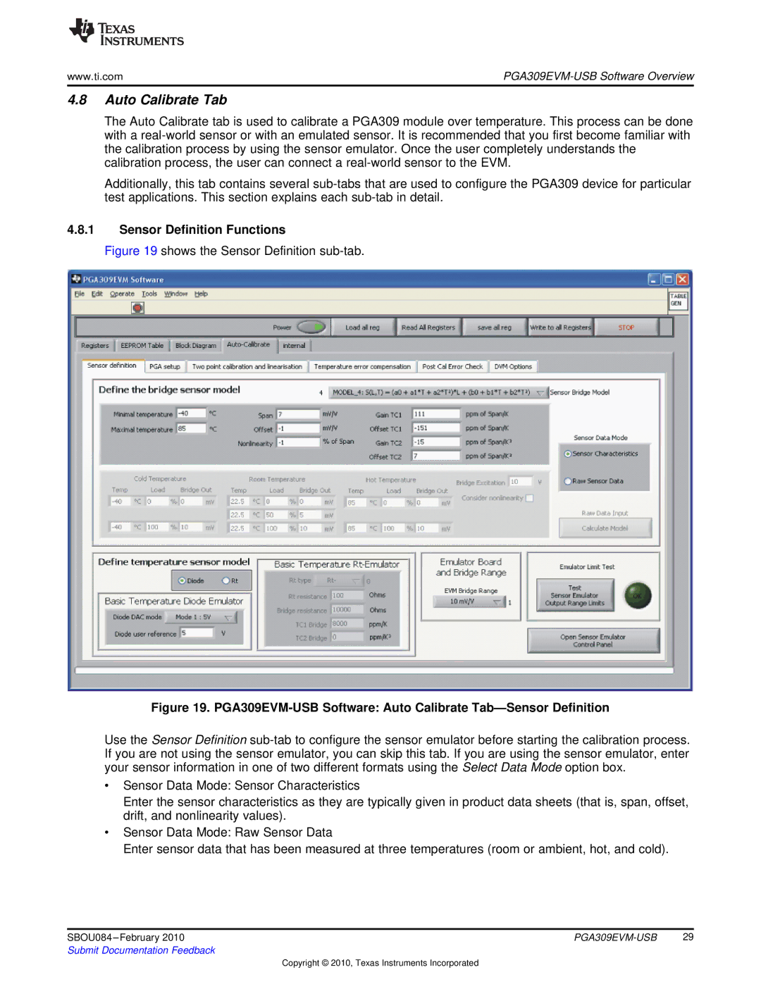 Texas Instruments PGA309EVM-USB manual Auto Calibrate Tab, Sensor Definition Functions 