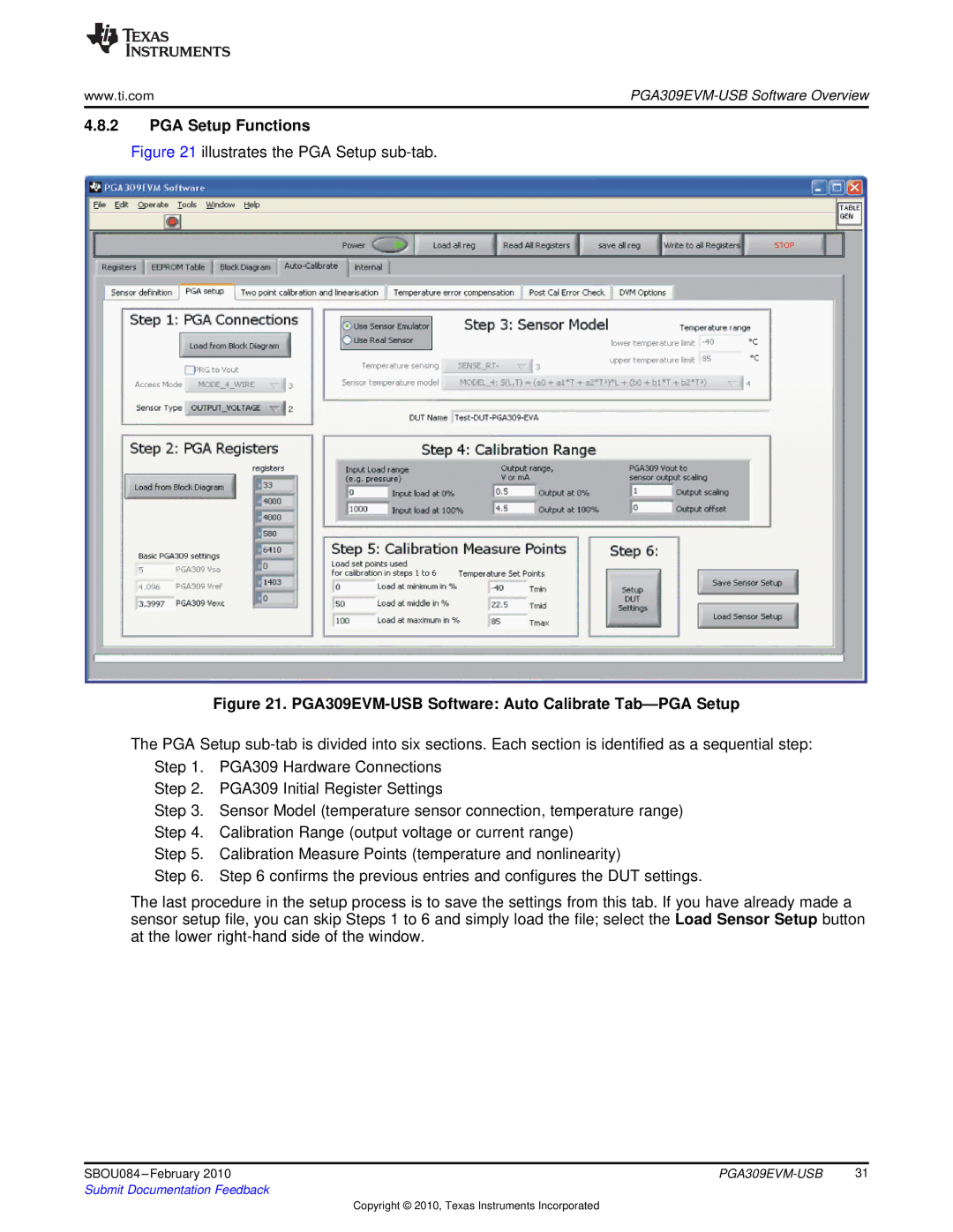 Texas Instruments manual PGA Setup Functions, PGA309EVM-USB Software Auto Calibrate Tab-PGA Setup 