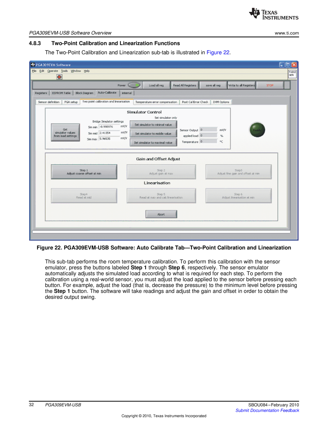 Texas Instruments PGA309EVM-USB manual Two-Point Calibration and Linearization Functions 