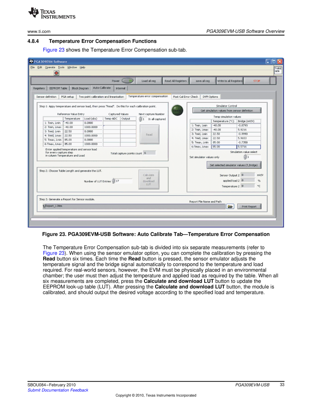 Texas Instruments PGA309EVM-USB Temperature Error Compensation Functions, Shows the Temperature Error Compensation sub-tab 