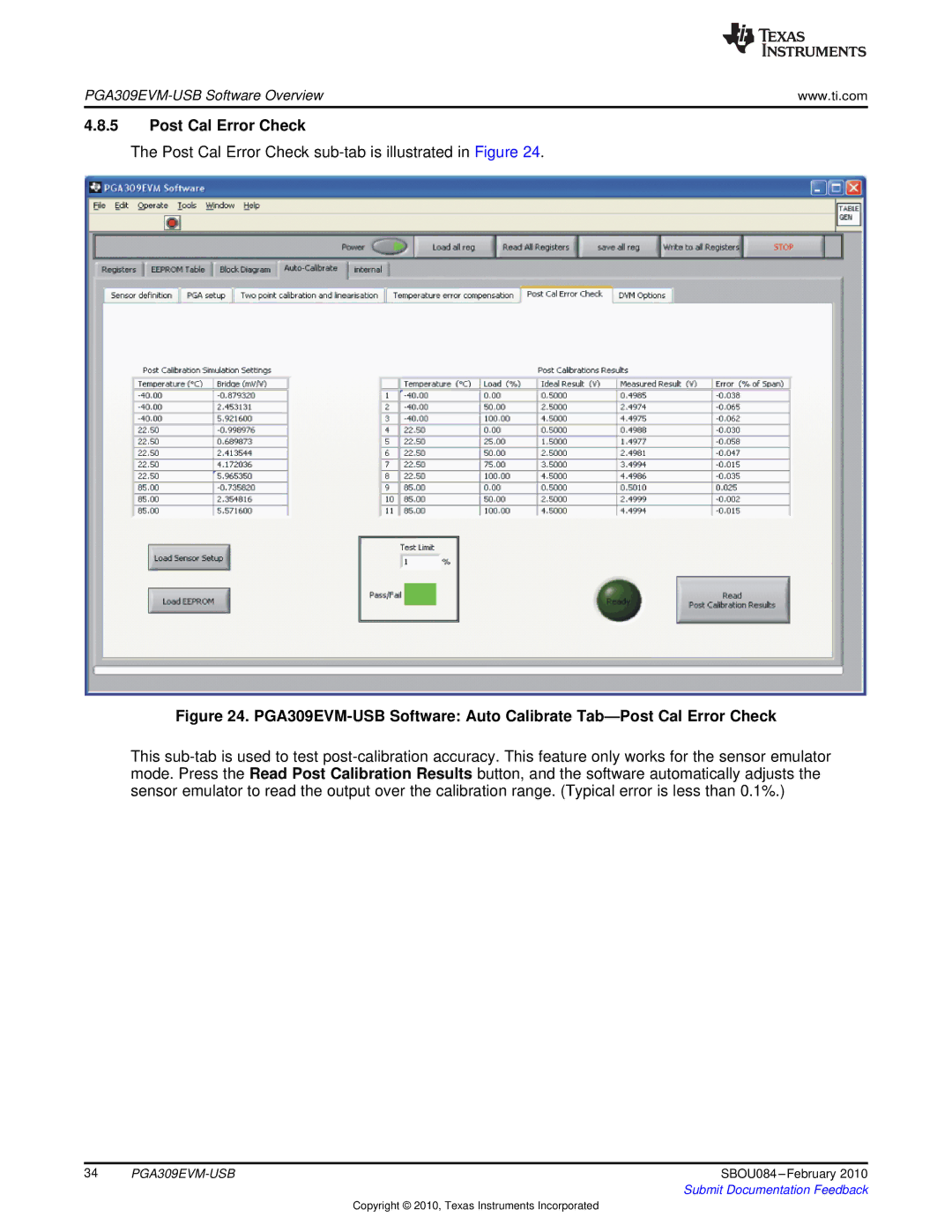 Texas Instruments PGA309EVM-USB manual Post Cal Error Check 