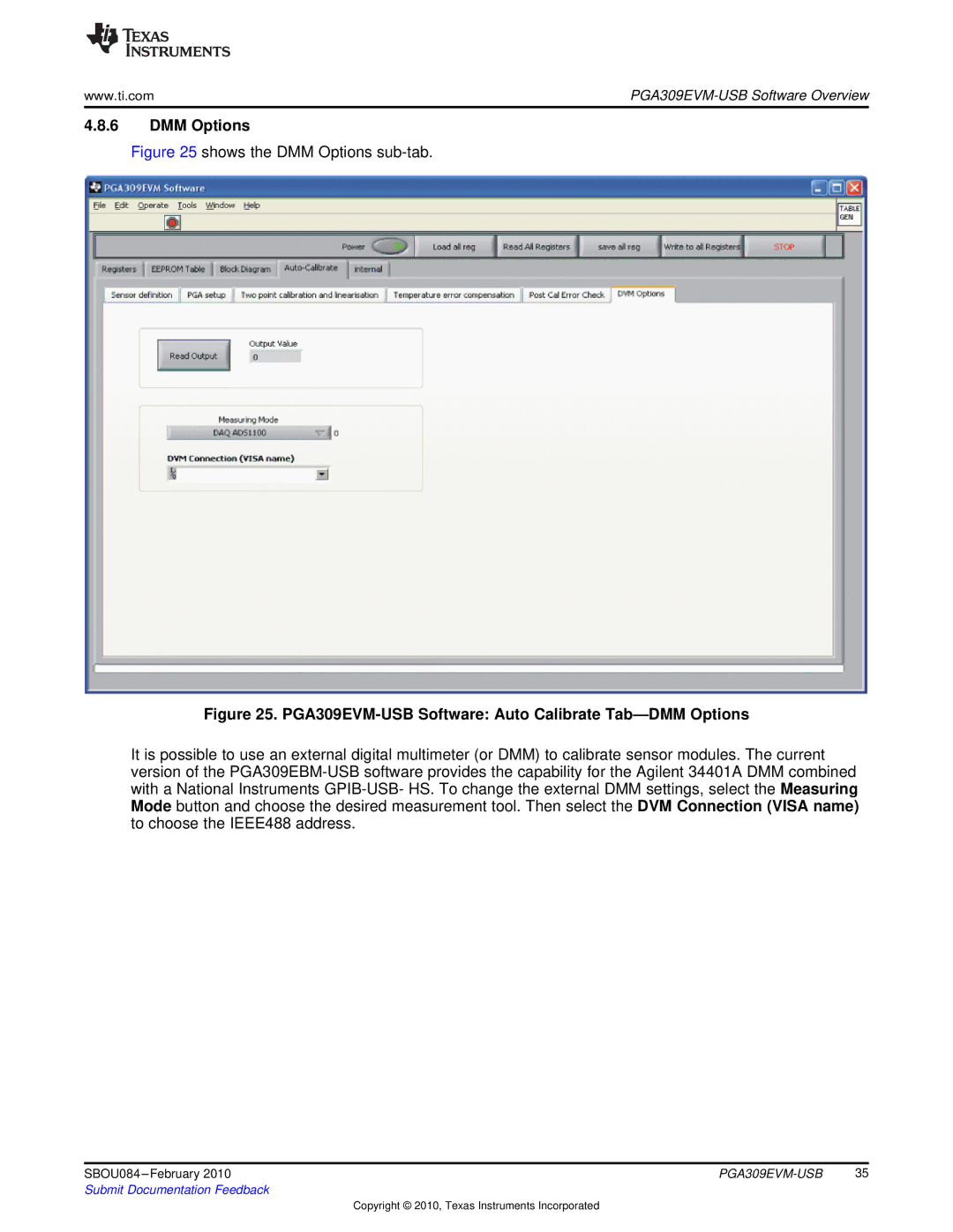 Texas Instruments manual PGA309EVM-USB Software Auto Calibrate Tab-DMM Options 