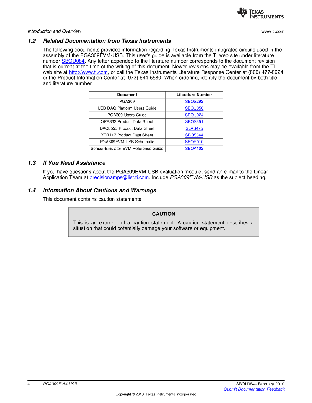 Texas Instruments PGA309EVM-USB manual Related Documentation from Texas Instruments, If You Need Assistance 