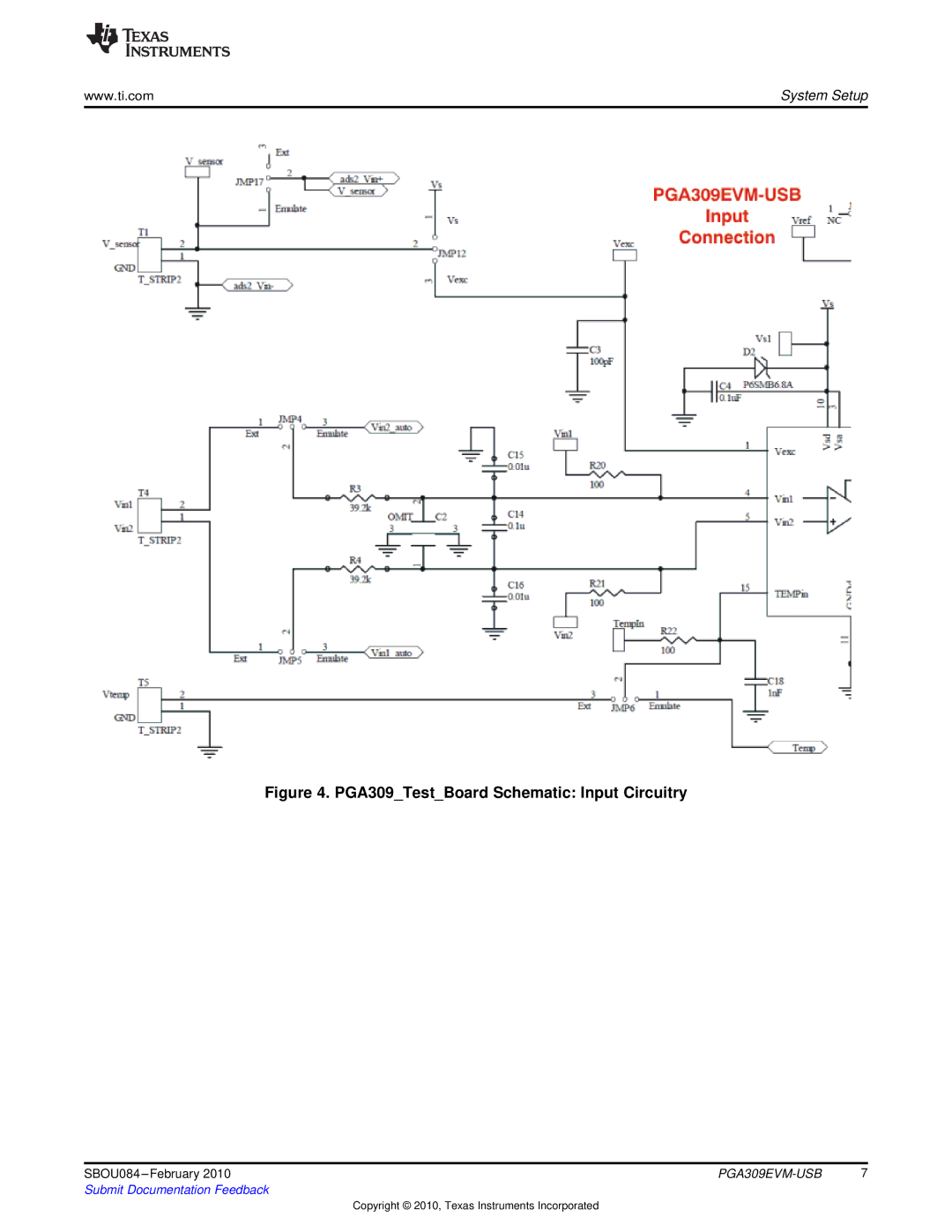 Texas Instruments PGA309EVM-USB manual PGA309TestBoard Schematic Input Circuitry 