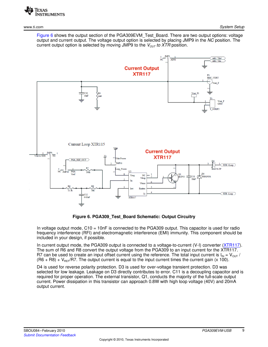 Texas Instruments PGA309EVM-USB manual PGA309TestBoard Schematic Output Circuitry 