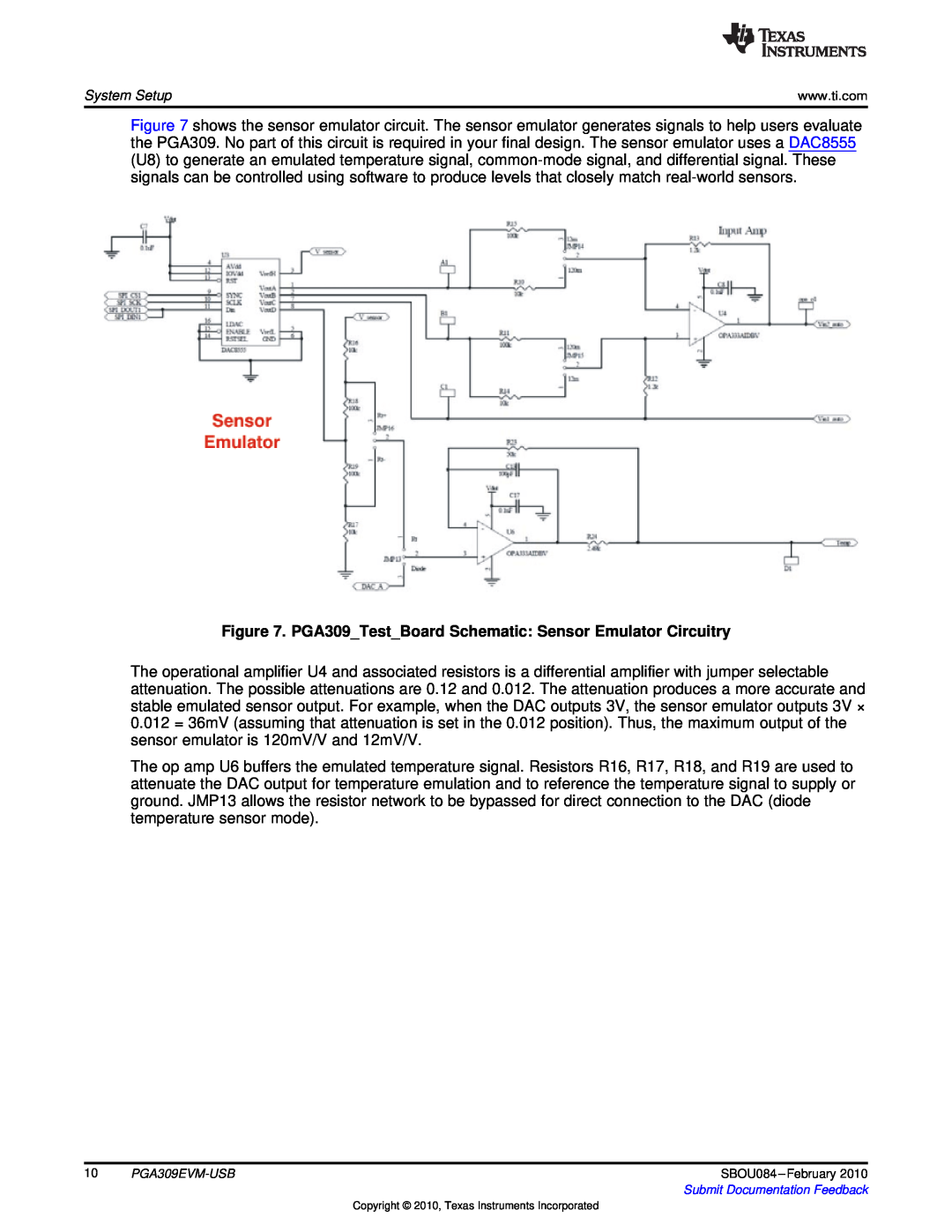 Texas Instruments PGA309EVM-USB manual PGA309TestBoard Schematic Sensor Emulator Circuitry 