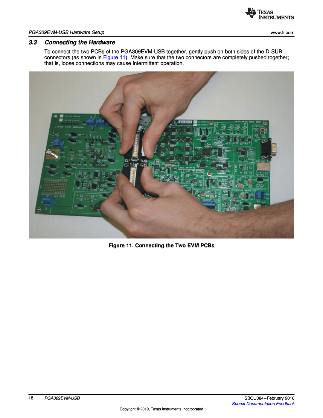 Texas Instruments PGA309EVM-USB manual Connecting the Hardware, Connecting the Two EVM PCBs 