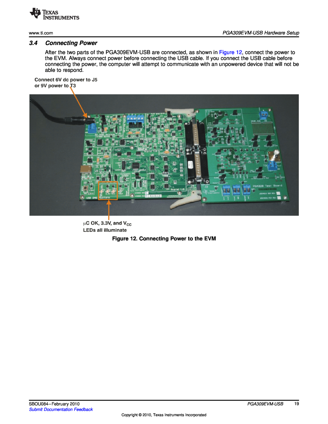 Texas Instruments PGA309EVM-USB manual Connecting Power to the EVM 