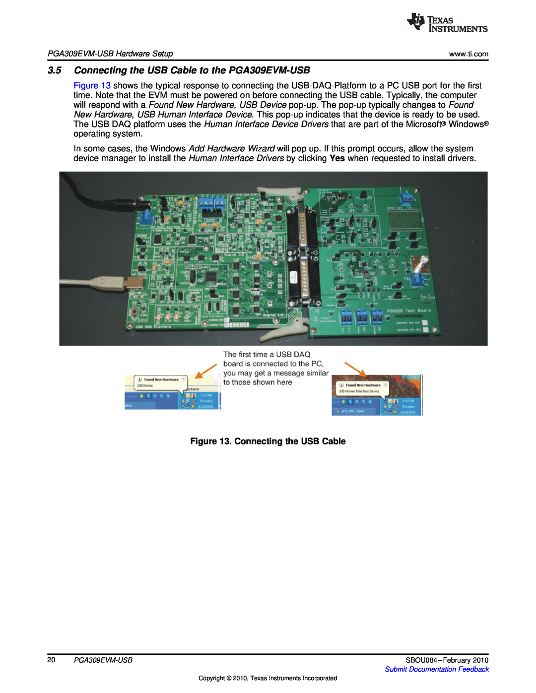 Texas Instruments manual Connecting the USB Cable to the PGA309EVM-USB 