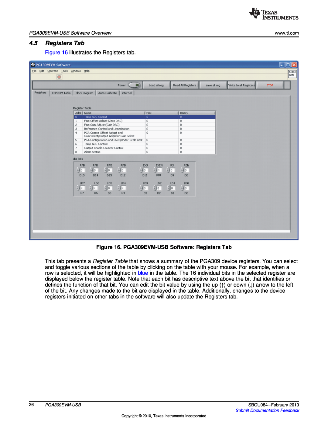 Texas Instruments manual PGA309EVM-USB Software Registers Tab 