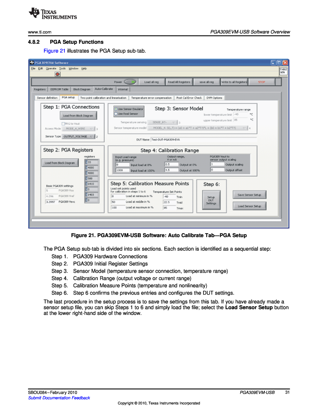 Texas Instruments manual PGA Setup Functions, PGA309EVM-USB Software Auto Calibrate Tab-PGA Setup 