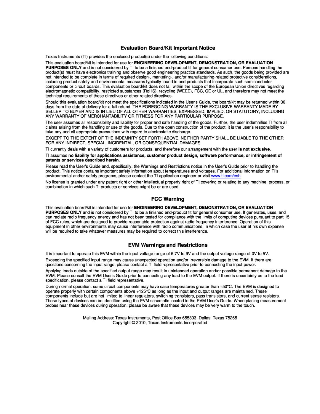 Texas Instruments PGA309EVM-USB manual Evaluation Board/Kit Important Notice, FCC Warning, EVM Warnings and Restrictions 