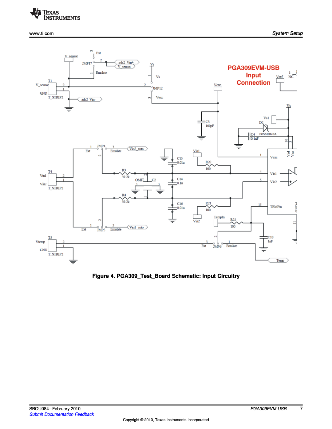 Texas Instruments PGA309EVM-USB manual PGA309TestBoard Schematic Input Circuitry, System Setup, SBOU084 -February 