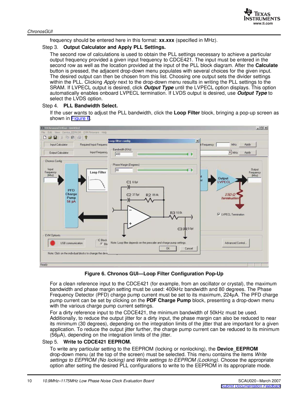 Texas Instruments SCAU020 manual Output Calculator and Apply PLL Settings, PLL Bandwidth Select, Write to CDCE421 Eeprom 