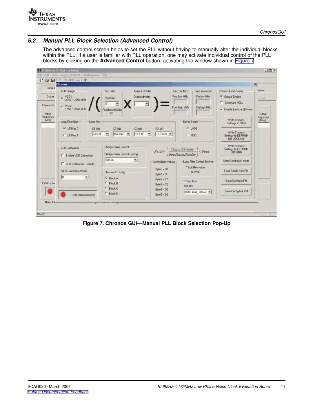 Texas Instruments SCAU020 manual Manual PLL Block Selection Advanced Control, Chronos GUI-Manual PLL Block Selection Pop-Up 