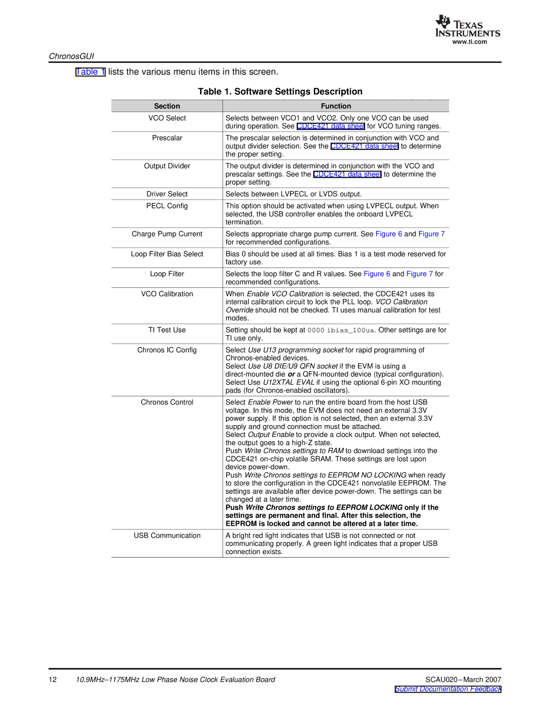 Texas Instruments SCAU020 manual Software Settings Description, Section Function 