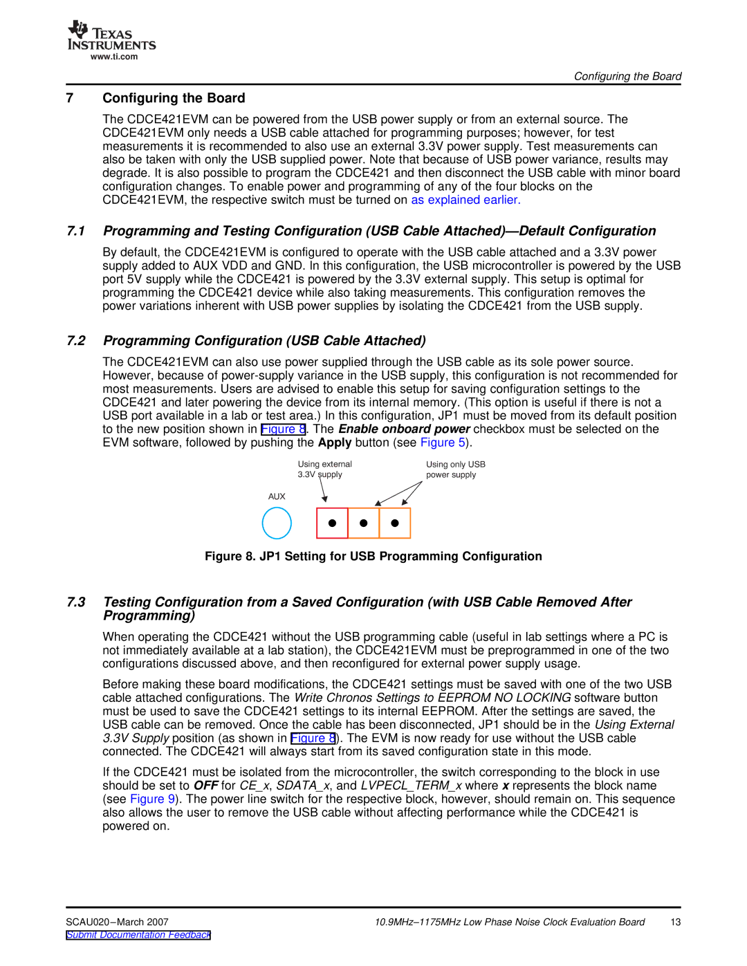 Texas Instruments SCAU020 manual Configuring the Board, Programming Configuration USB Cable Attached 