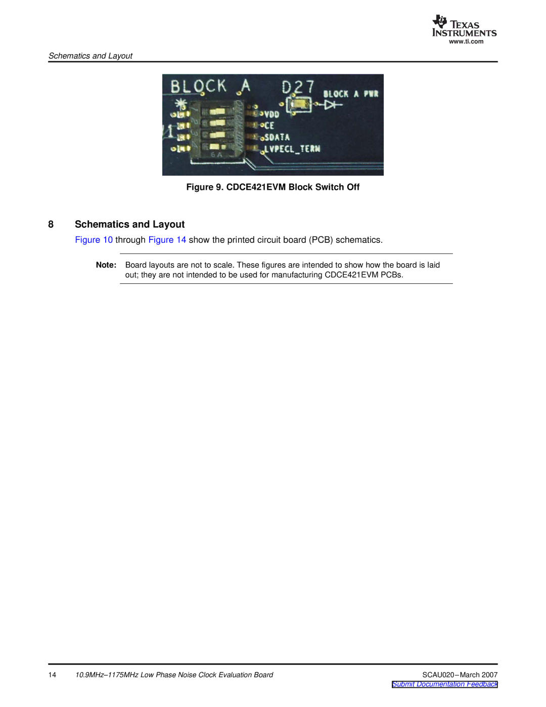 Texas Instruments SCAU020 manual Schematics and Layout, CDCE421EVM Block Switch Off 