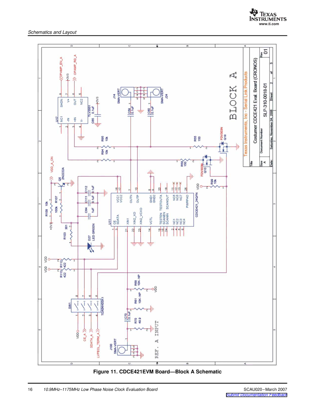 Texas Instruments SCAU020 manual CDCE421EVM Board-Block a Schematic 