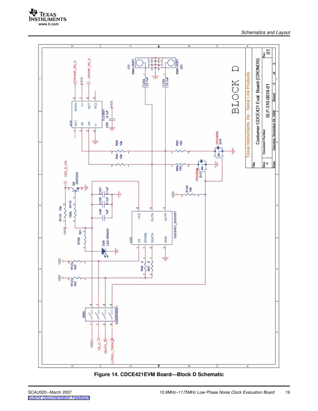 Texas Instruments SCAU020 manual CDCE421EVM Board-Block D Schematic 