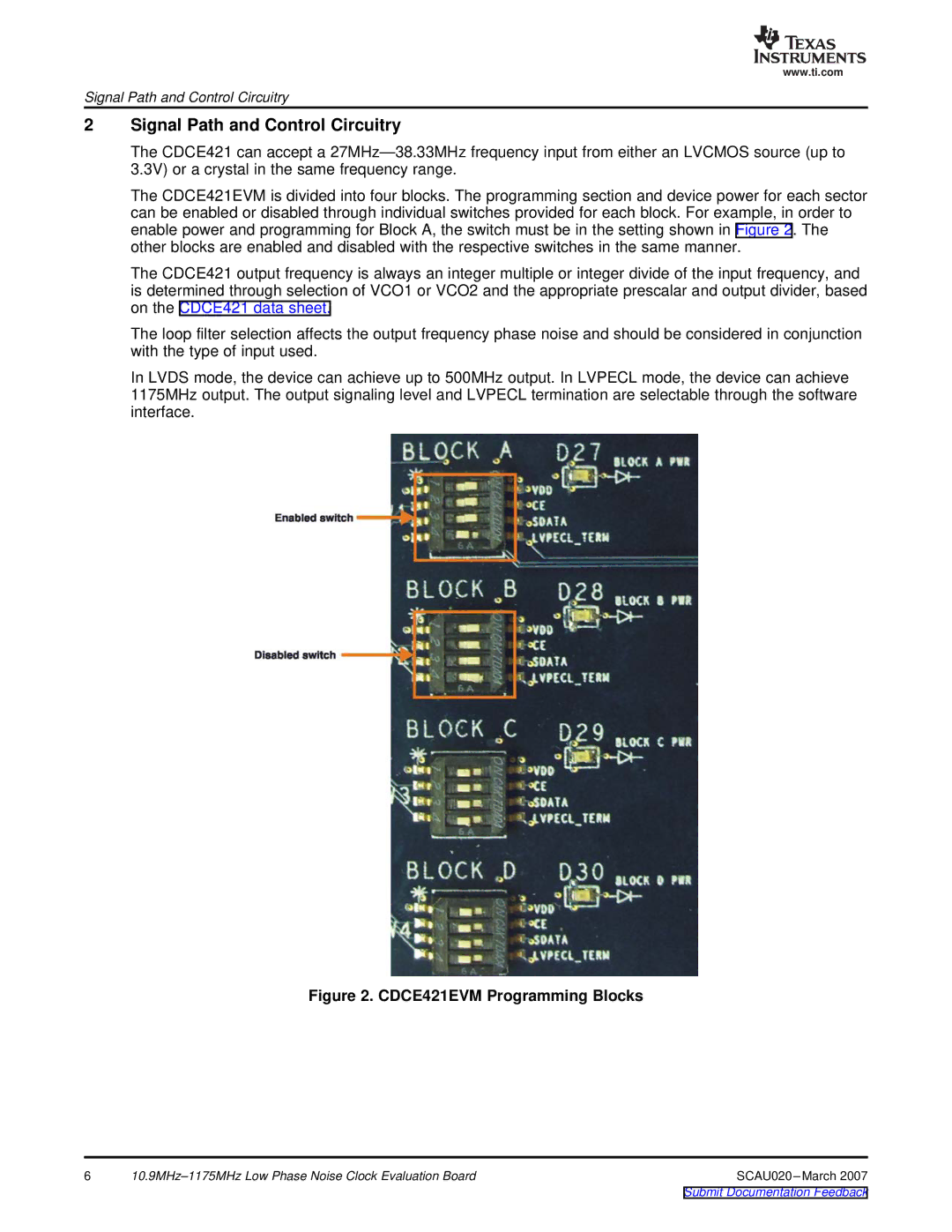 Texas Instruments SCAU020 manual Signal Path and Control Circuitry, CDCE421EVM Programming Blocks 