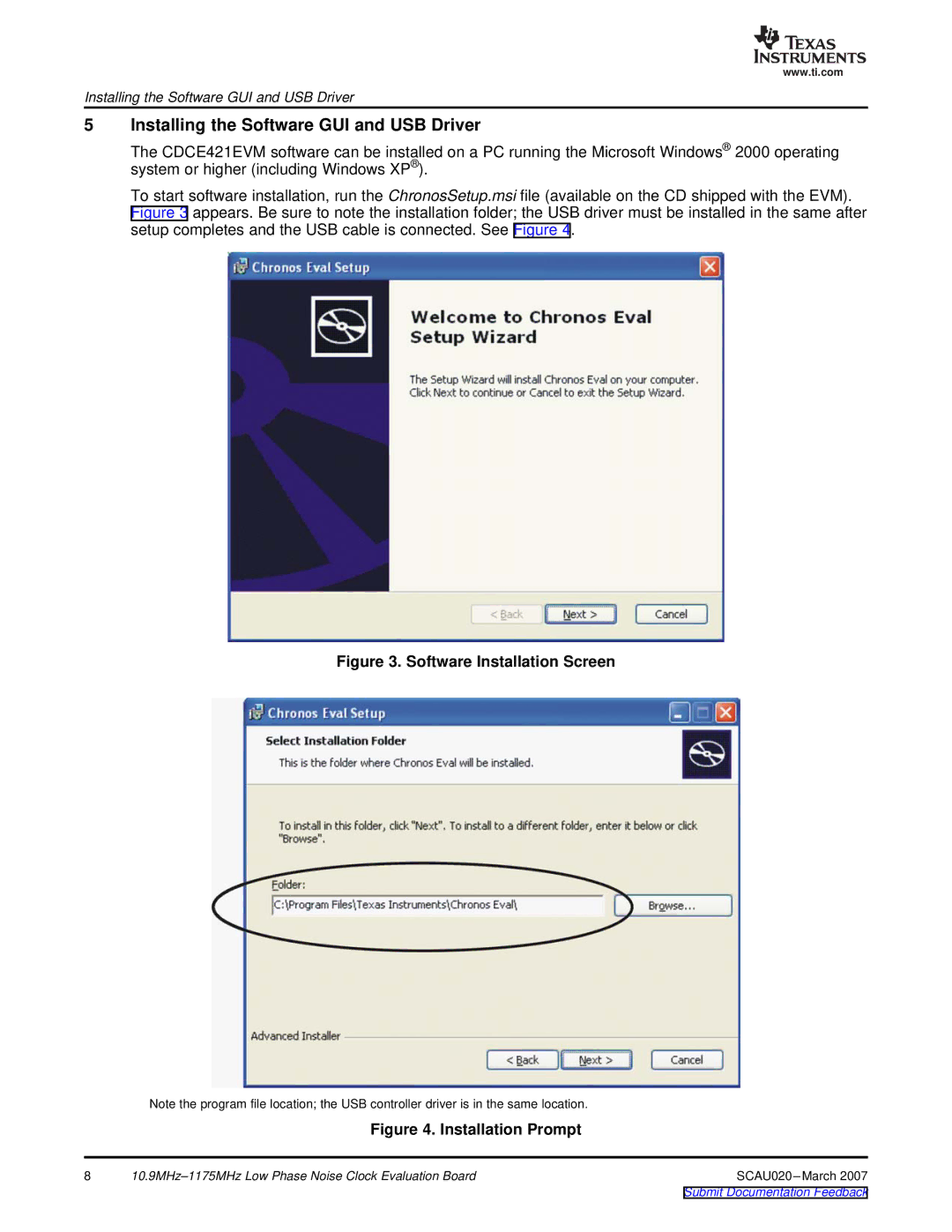 Texas Instruments SCAU020 manual Installing the Software GUI and USB Driver, Software Installation Screen 