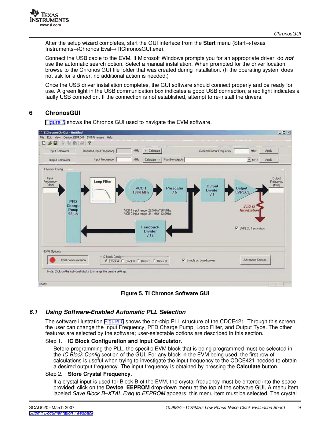 Texas Instruments SCAU020 manual ChronosGUI, Using Software-Enabled Automatic PLL Selection, Store Crystal Frequency 