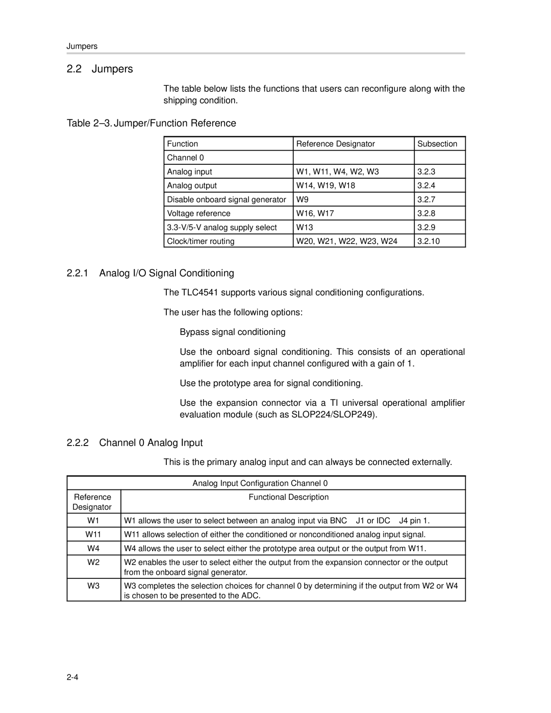 Texas Instruments SLAU081 manual Jumpers, Analog I/O Signal Conditioning, Channel 0 Analog Input 