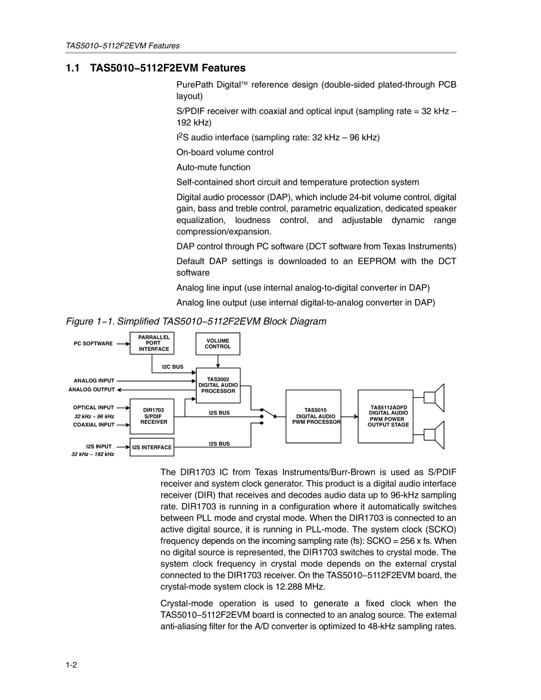 Texas Instruments SLEU056 manual TAS5010−5112F2EVM Features, 1. Simplified TAS5010−5112F2EVM Block Diagram 