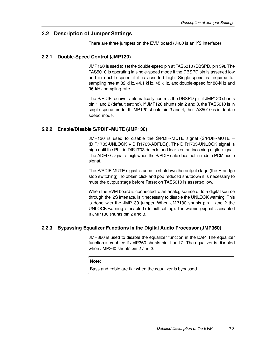 Texas Instruments SLEU056 Description of Jumper Settings, Double-Speed Control JMP120, Enable/Disable S/PDIF−MUTE JMP130 